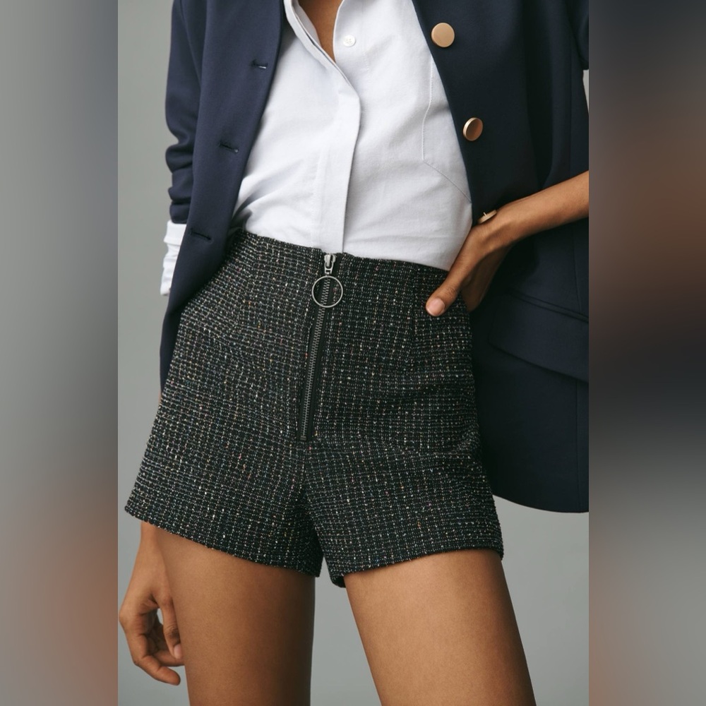 Anthropologie Maeve Tweed Zip-Front Shorts Size 14 Metallic High Rise Stretch
